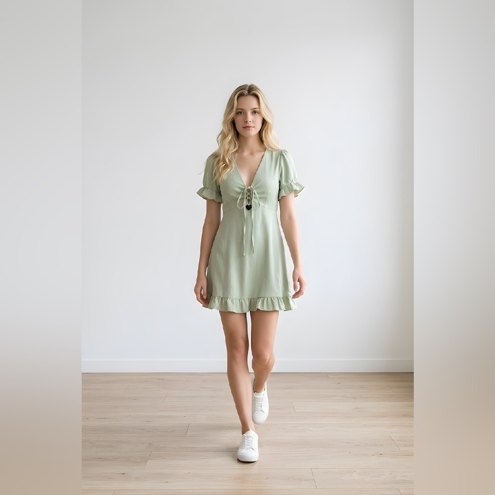 Sage Green Ruffle Sleeve‎ Tie Front Mini Dress Cottagecore Size L